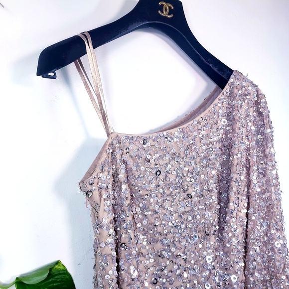 NWT ADRIANNA PAPELL Nude Sequin Sheath Dress 6 S - Picture 7 of 12